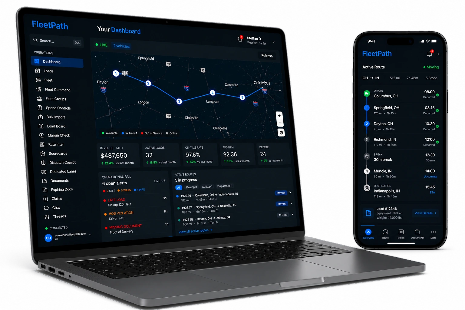 The FleetPath carrier portal on a laptop beside the iOS driver app
